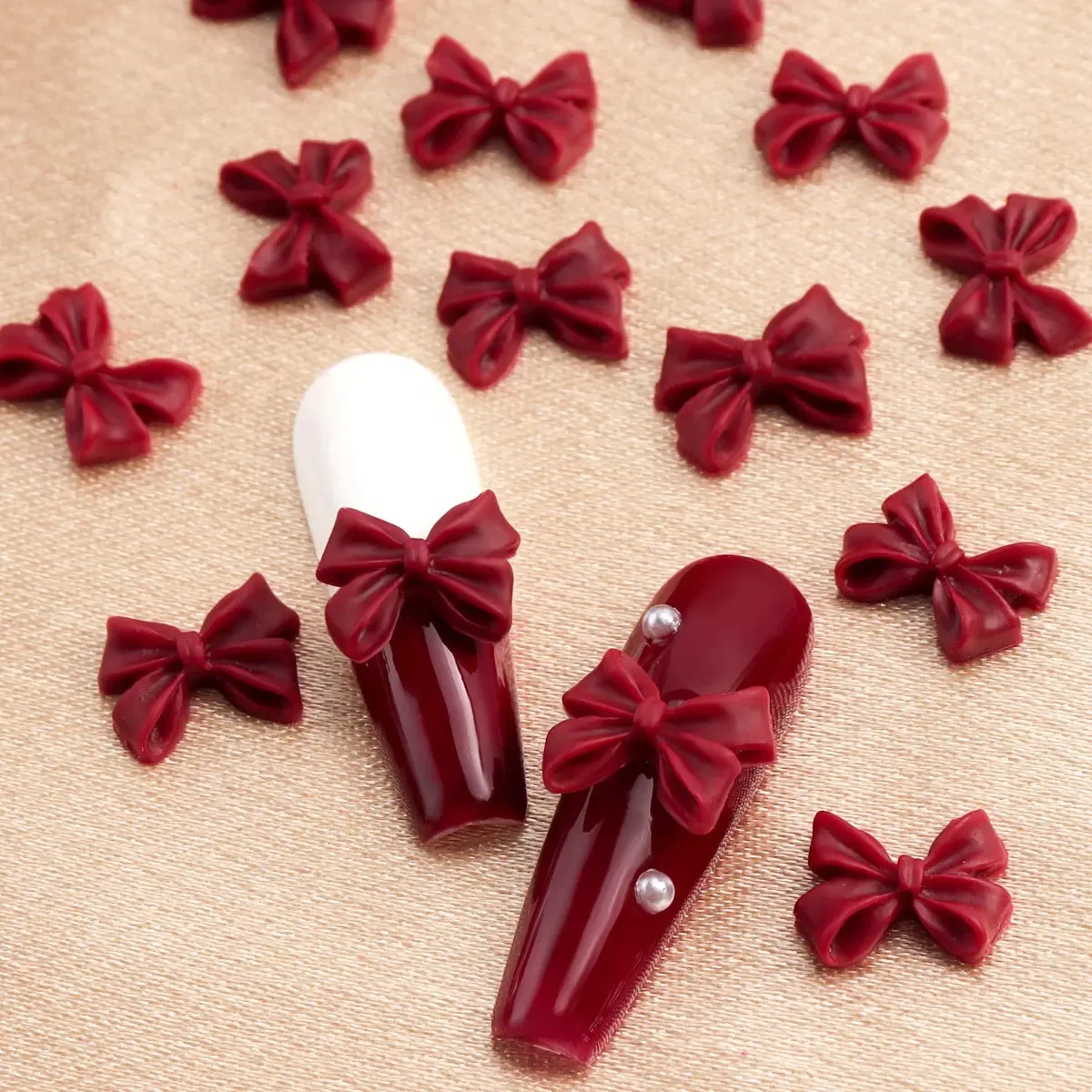 30Pcs Cherry Red Bow Nail Charms Valentine's Dark Red Tie Nail Parts Supplies for DIY Women's Nail Salon Design Decoration