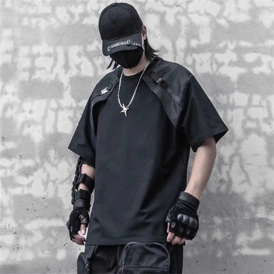 Hip Hop Techwear T-Shirt Men 2025 Summer Fake Two Tactical Tshirts Streetwear Harajuku Black Oversized T Shirts Tops Tees