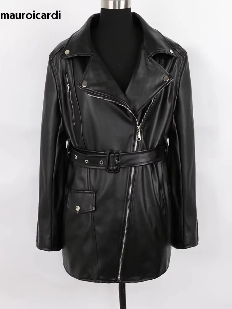 Mauroicardi-Veste de moto et de motard en cuir PU souple avec fermeture éclair pour femme, noir, cool, beau, mode européenne, printemps, automne, 2025