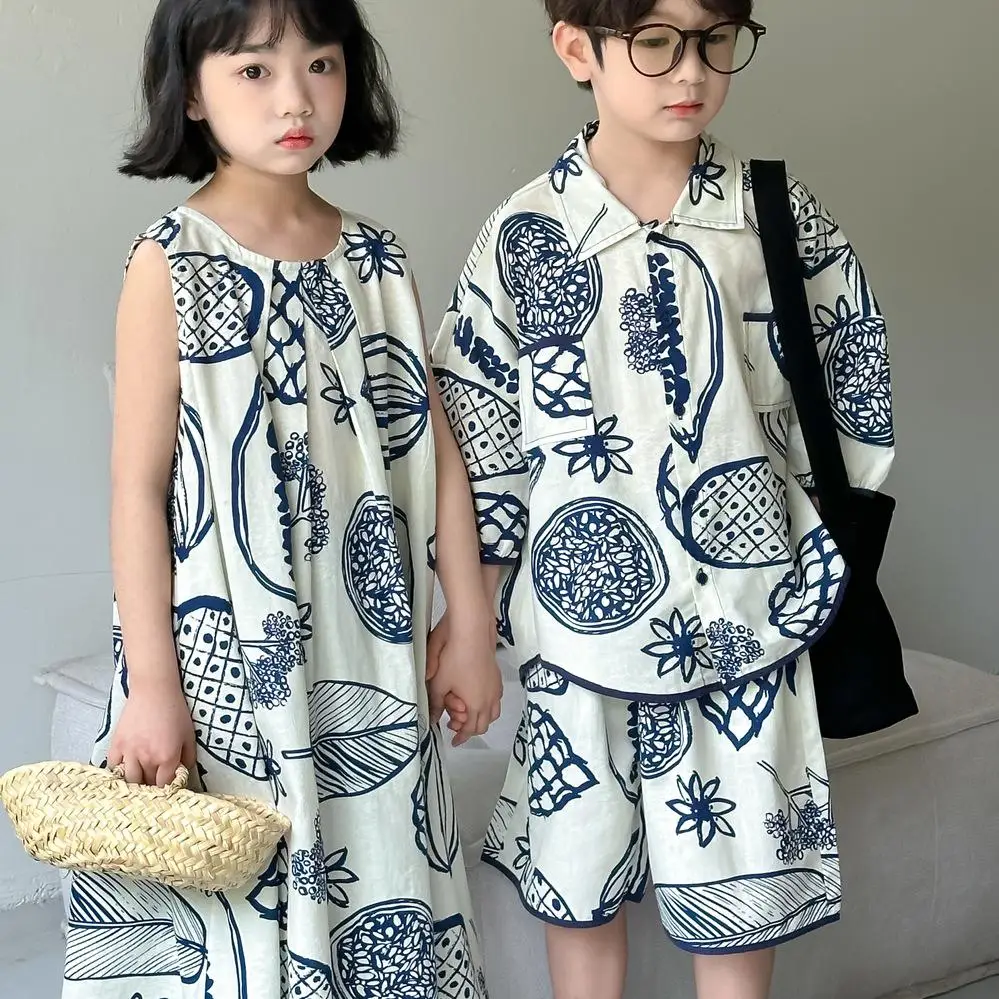 

Summer Children's Clothing Brother Sister Outfits Boy Baby Print Shirt + Shorts 2pcs Kids Girls Cotton Sleeveless Casual Dresses