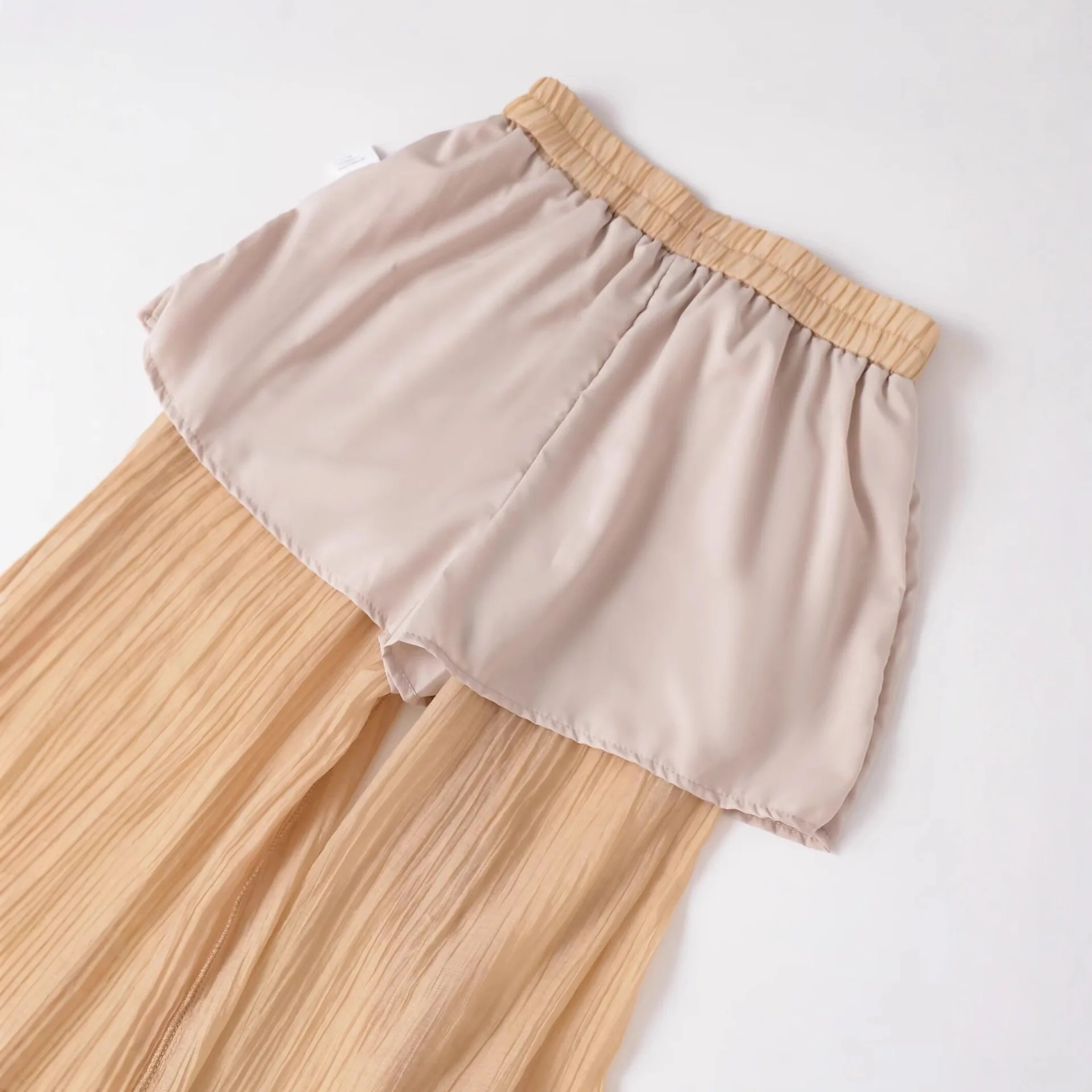 Translúcido moda feminina 2 peças define plissado sheer camisa casual e cintura elástica perna larga calças retas chiques ternos