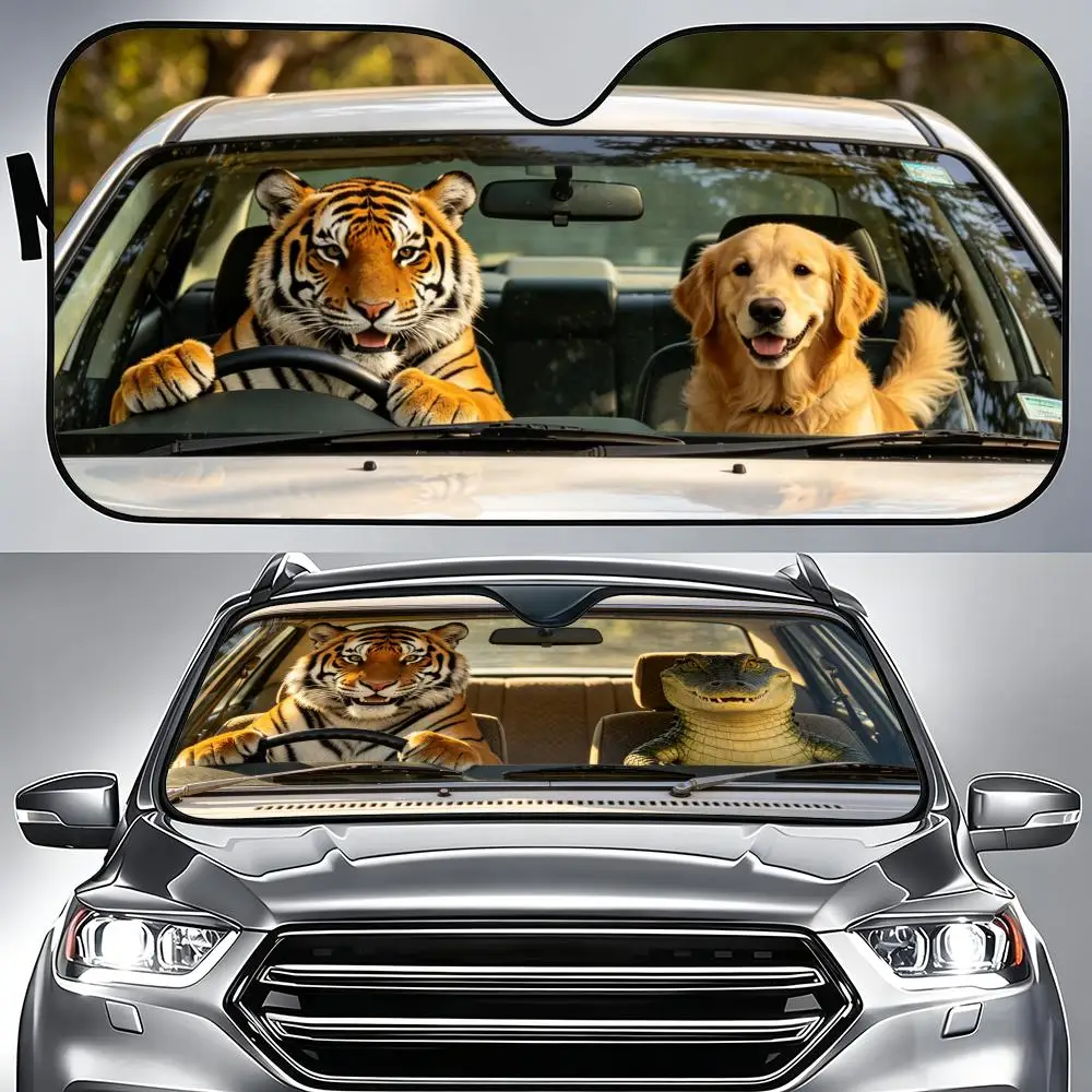 

Pattern A tiger driving a car Sun Visor Aluminum Foil Windshield Sunshade, UV Protection Heat Insulation Reusable