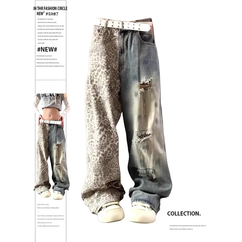 

YIBASHU женские мешковатые джинсы Y2k японские американские ретро рваные джинсовые брюки с леопардовым принтом гранж Харадзюку хип-поп ковбойские широкие брюки