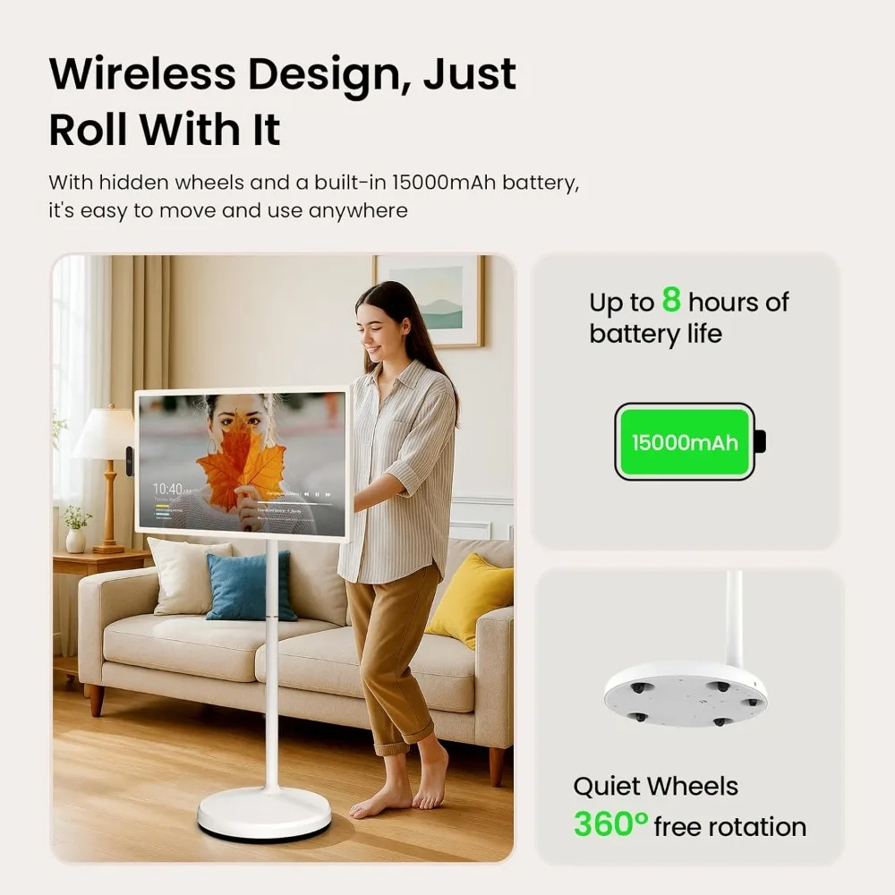 

Портативный сенсорный монитор 32 дюйма UHD 4K Smart Android TV с аккумулятором 15000 мАч, голосовым пультом ДУ и 16 ГБ ОЗУ, доставка по США