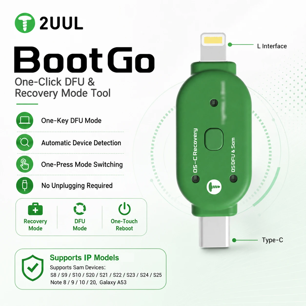 2UUL BootGo One-Click D-FU & Recovery Mode Tool for Repairing Phones, IPads Computers One-Click DFU Flashing Restart Mode Tool