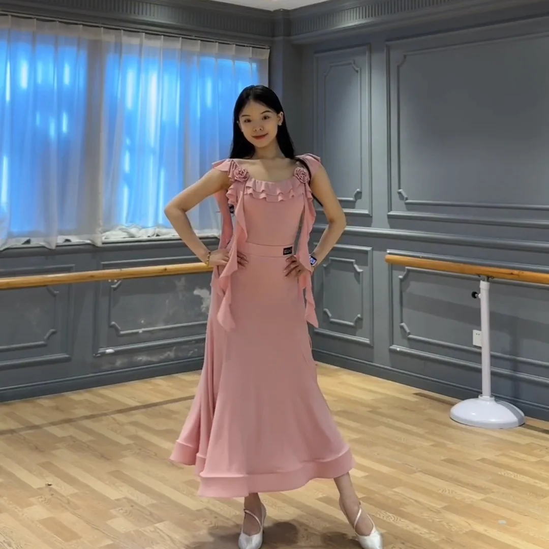 여름 왈츠 볼룸 댄스 복장 여성 댄스 복장 핑크 탑 스커트 연습 의류 공연 연습 복장
