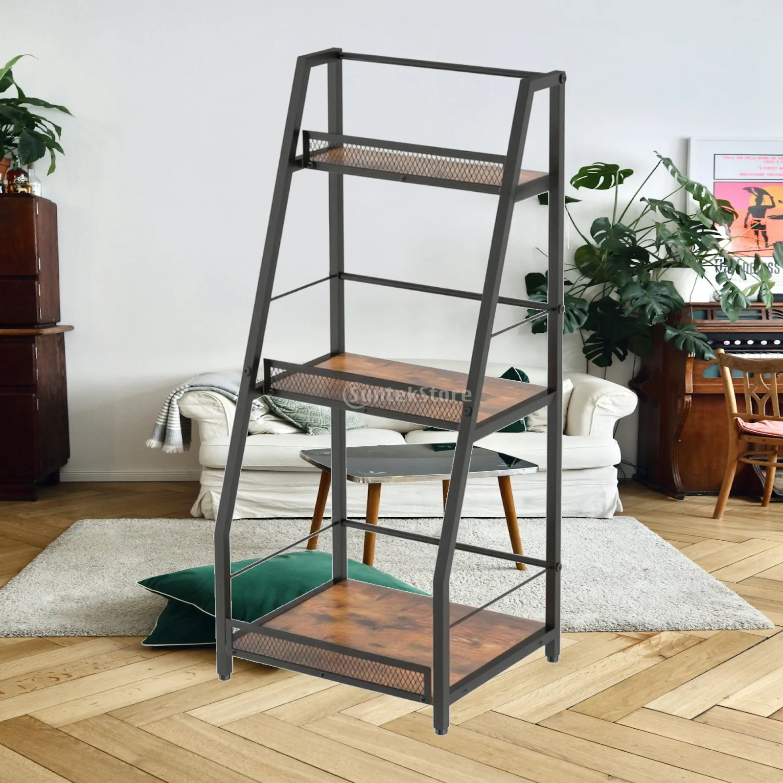Space Saving Corner Wine Rack Three Tier Iron Wood Frame Bottle Organizer Shelf with Mesh Panels for Dining Room Home Bar Setup