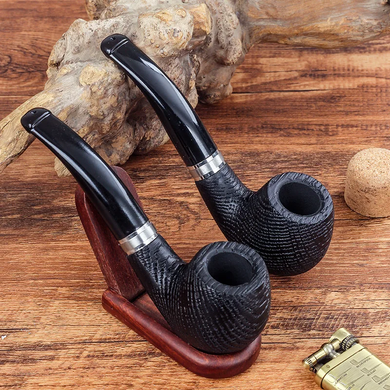 Black Oak Sandblasted Curved Pipe With 9mm Smoke Chamber, Solid Wood, Portable, Old-Fashioned Tobacco Holder