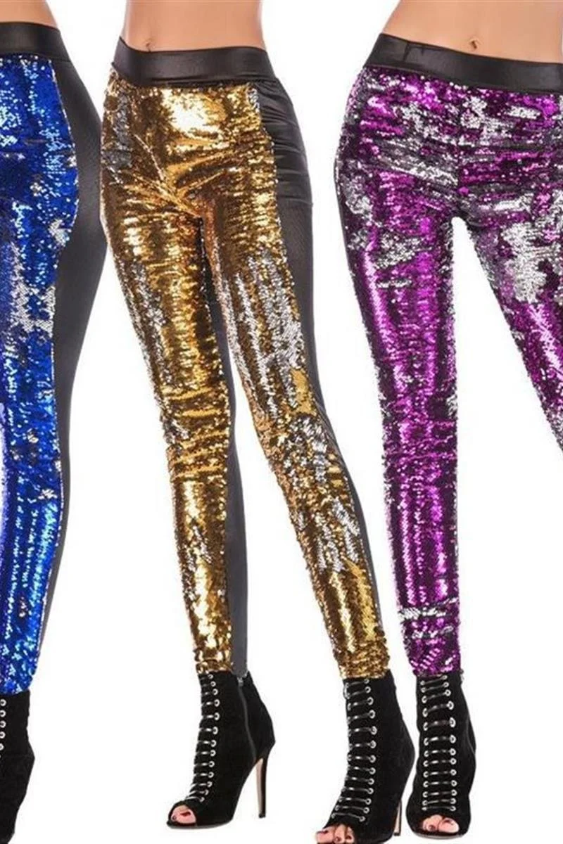 Leggings de cuero de calle para mujer, pantalones largos elásticos ajustados con lentejuelas de Color, para discoteca, Otoño e Invierno