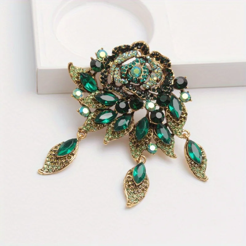 Stylish Design Large Attractive Green Rose Women\'s Rhinestone Pendant Brooch Corsage Pin Gift