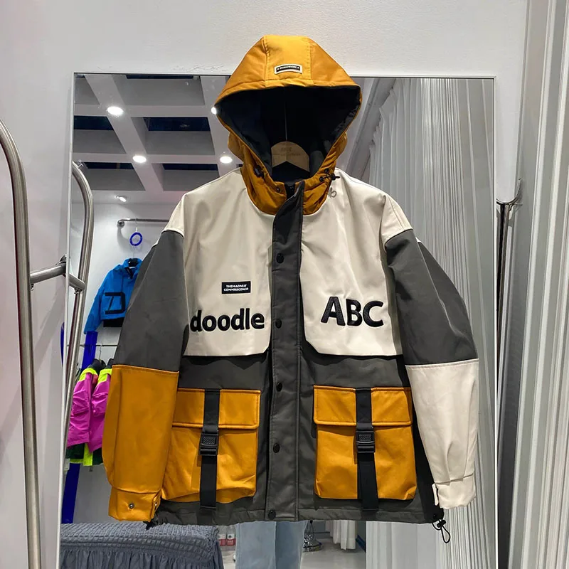 新しい冬のカップルダウンジャケットユニセックスフード付きデザインファッション刺繍文字ジャカード厚くて緩いダウンジャケット