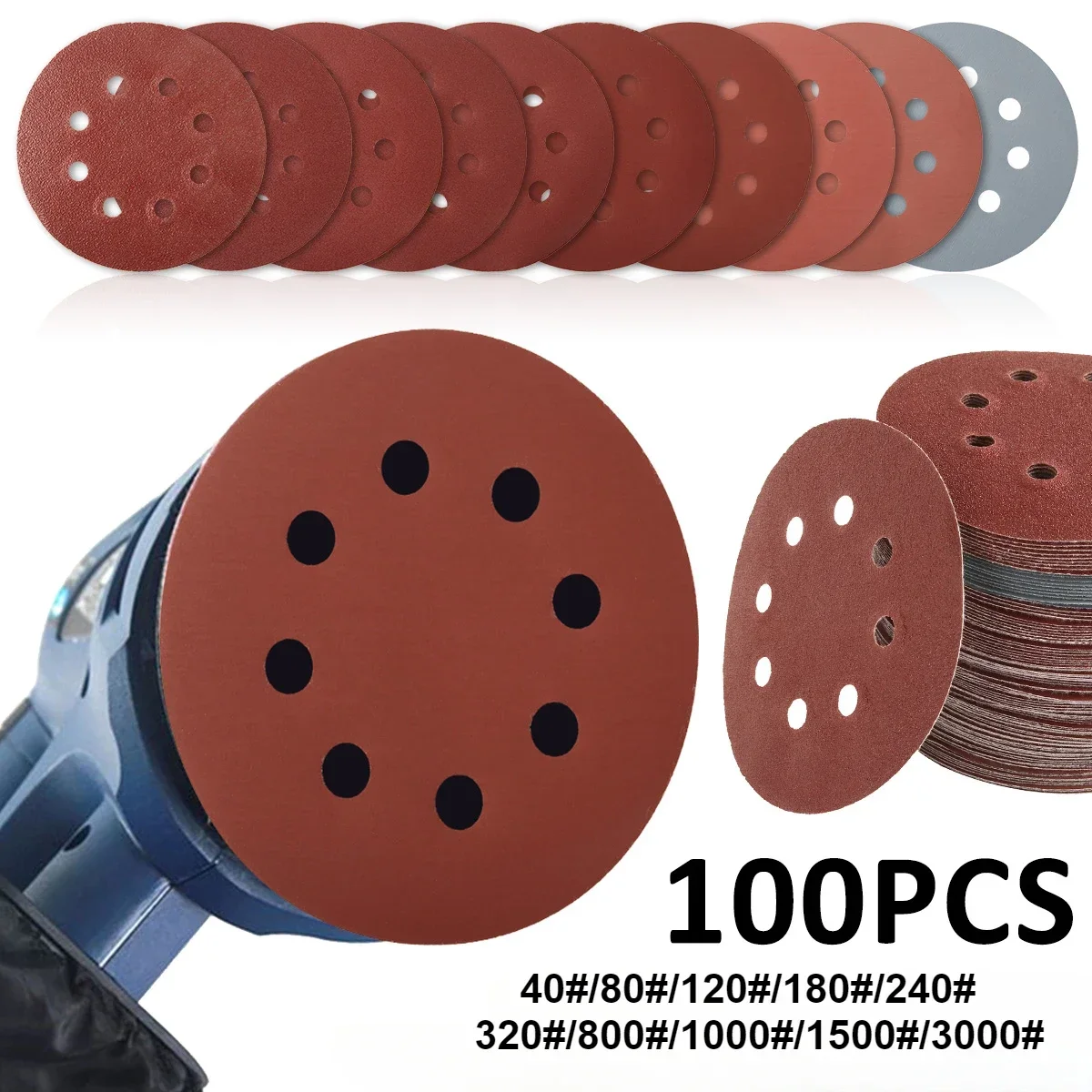 100Pcs Sanding Discs 5 Inch 8-Hole Alumina Sanding Pad Sanding Sheet Polishing Sand Paper for Metal Wood Glass Car Abrasive Tool