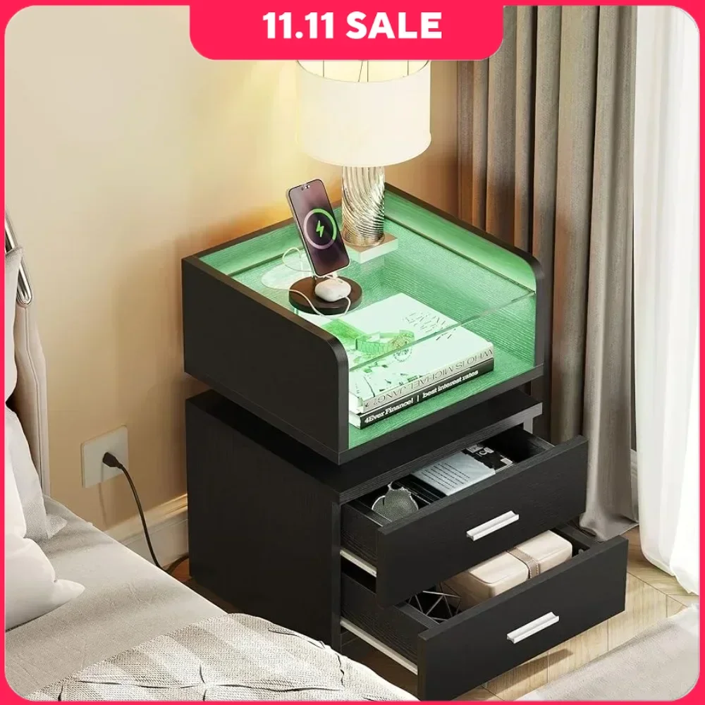 

LED bedside table with charging station, modern bedside table with glass top, 2 drawers, endside table with USB port and sockets