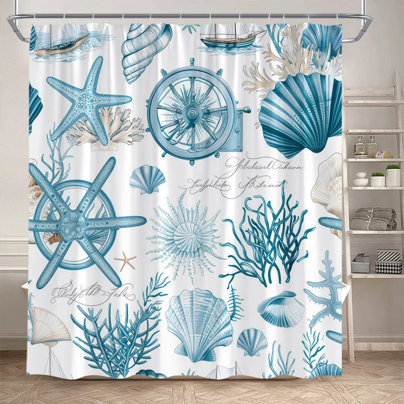 Nautical Ocean Shower Curtains Blue Shell Conch Seaweed Starfish Bath Curtain Set Polyester Fabric Bathroom Decor with Hooks