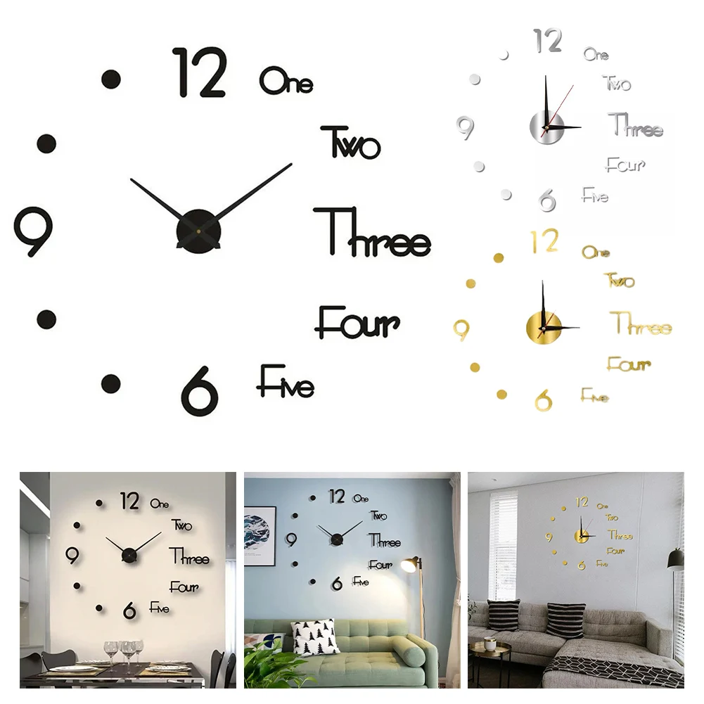 For Dining Room Large Wall Clock DIY Sticker Clock Home Decor Black, Gold, Silver Versatile Usage Acrylic Material