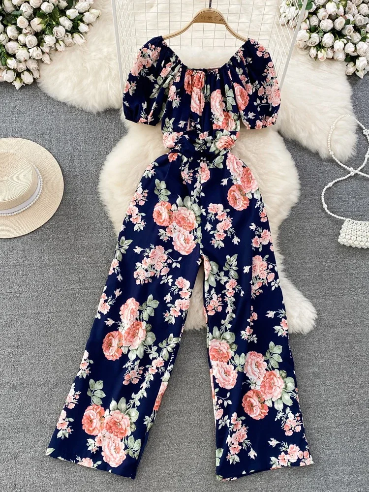 Jumpsuit kerah kotak wanita, Jumpsuit berkerut lengan Puff pendek elegan liburan pantai pinggang tinggi motif bunga musim panas