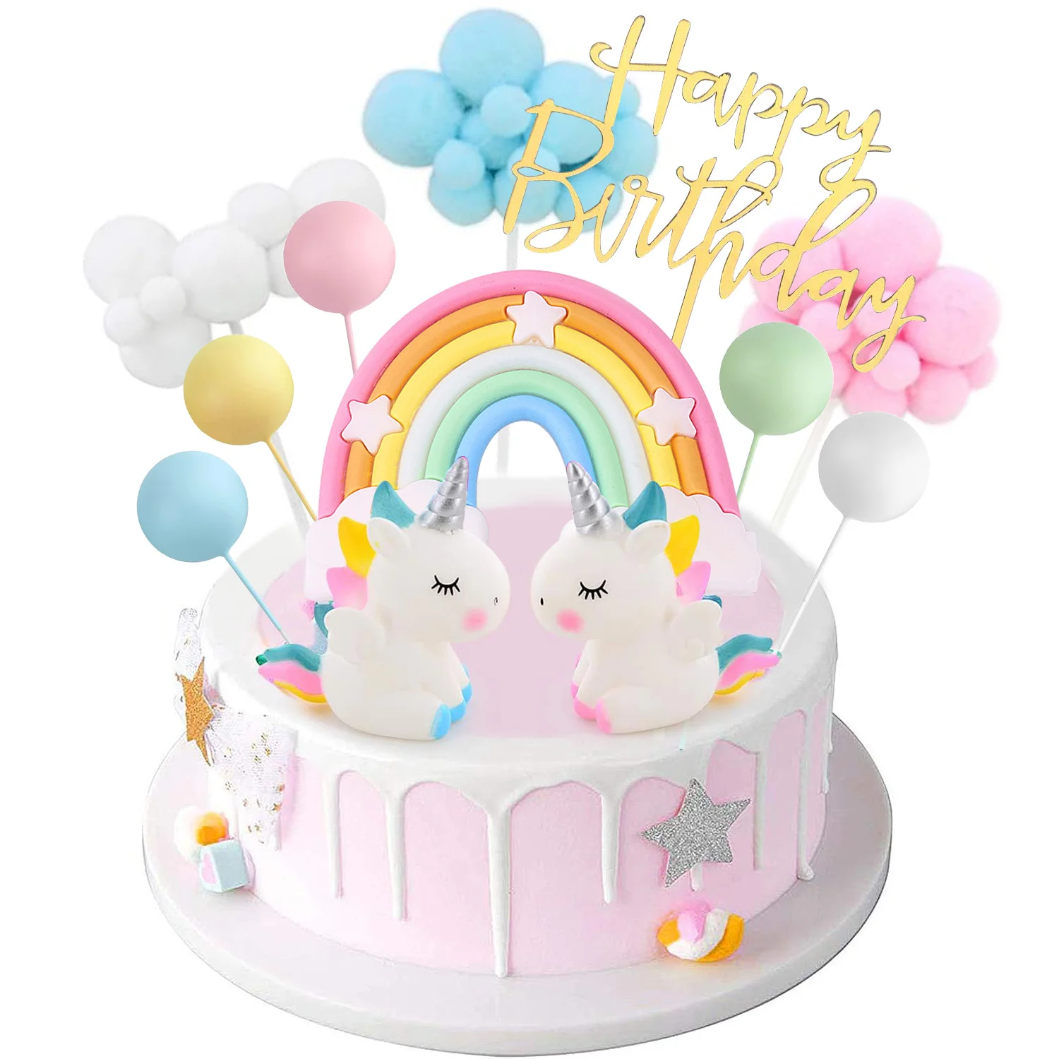 Unicorn Cake Topper Kit Cloud Rainbow Balloon Happy Birthday Banner Cake Decoration For Boy Girl Kid Birthday