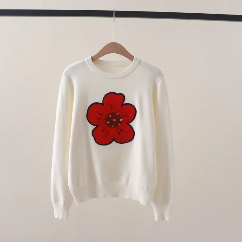 Autumn and Winter New Fresh Sweet Chest Red Small Flower Embroidered Crew Neck Pullover Sweater All-Matching Bottoming Sweater