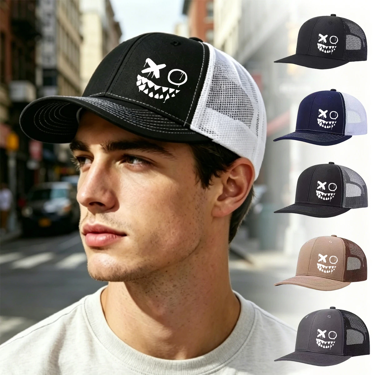 1PC Graffiti Evil Smiley Truck Hat Men's and Women's Breathable Mesh Back Baseball Hat Hip Hop outfit Summer Sun Hat