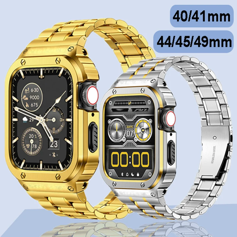 Metal Case Strap For iWatch 9 8 7 6 5 SE Band 45mm 44mm 40mm 41mm Stainless Steel Modification Kit For Apple Watch Ultra 2 49mm