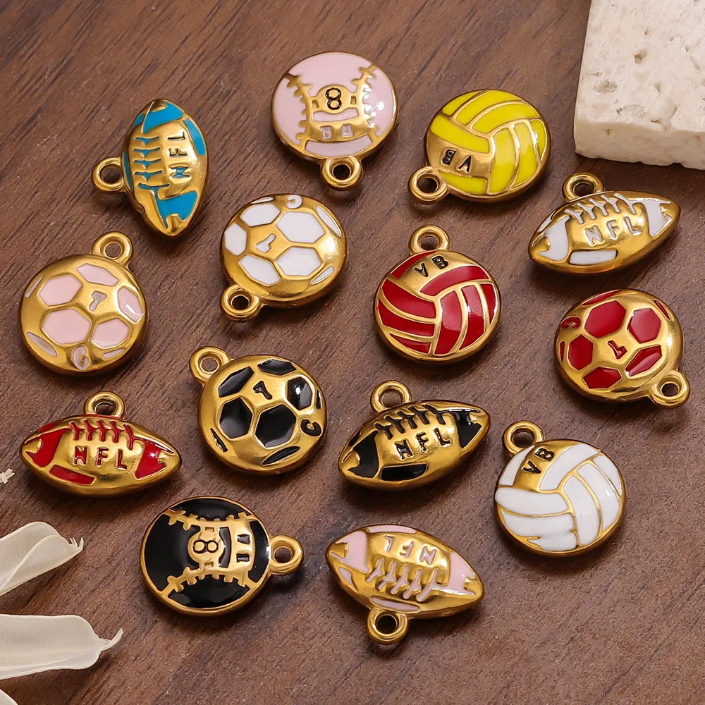 

5pcs Stainless Steel Enamel Volleyball Football Rugby Charms 18K Gold Plated Sports Necklace Pendant Jewelry Making Materials