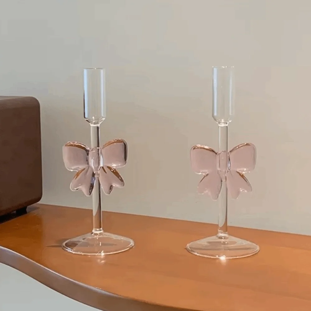 Romantic Bow Candle Holder Non-slip Transparent Glass Candles Stand Creative Unique High Footed Candlestick Candlelight Dinner