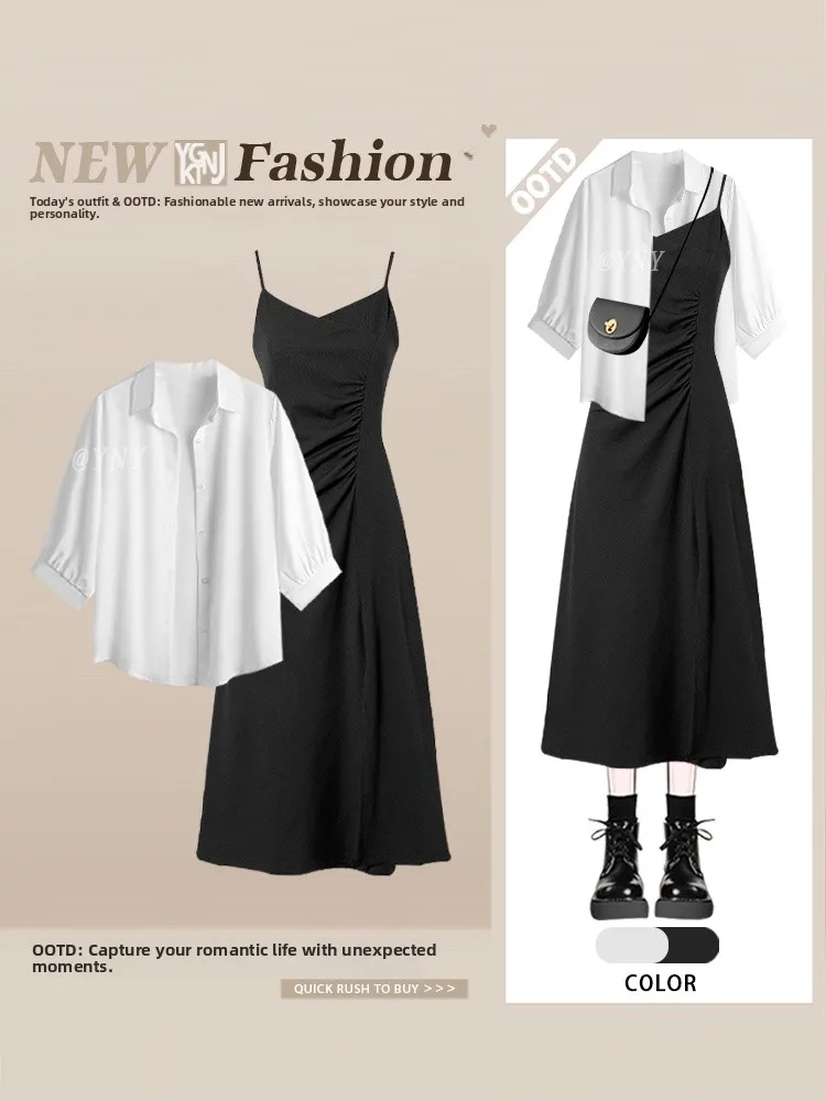 

Autumn New Style Women's Anti-Uv Shirt Top Waist-Cinching Slimming Dress Two-Piece Set Elegant Casual Polyester Fiber