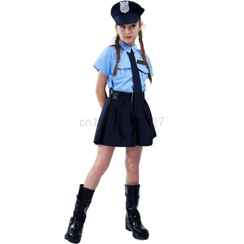 5Pcs Kids Police Uniform Carnival Girls Dress Children Policeman Stage Party Cosplay Costume Hat Tie Belt Handcuffs Outfits Set