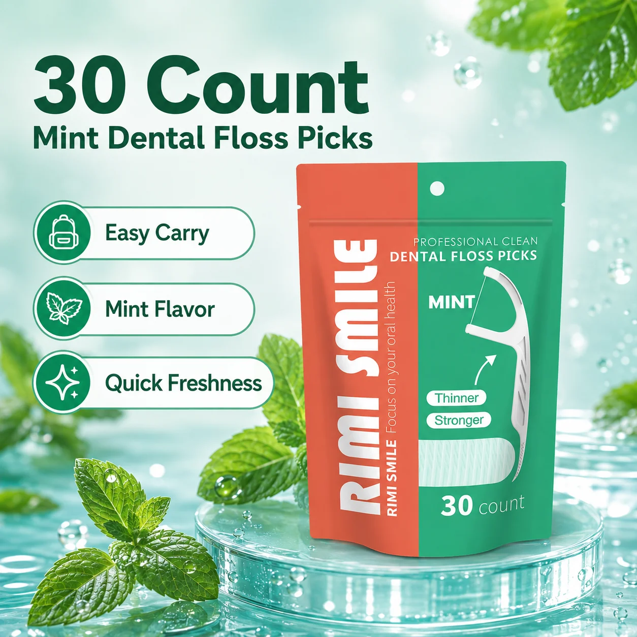 Mint Flavored Floss Picks Bulk Bag Slim Portable Smooth Fray-Resistant Individually Sealed Moisture-Proof for Daily Oral Care