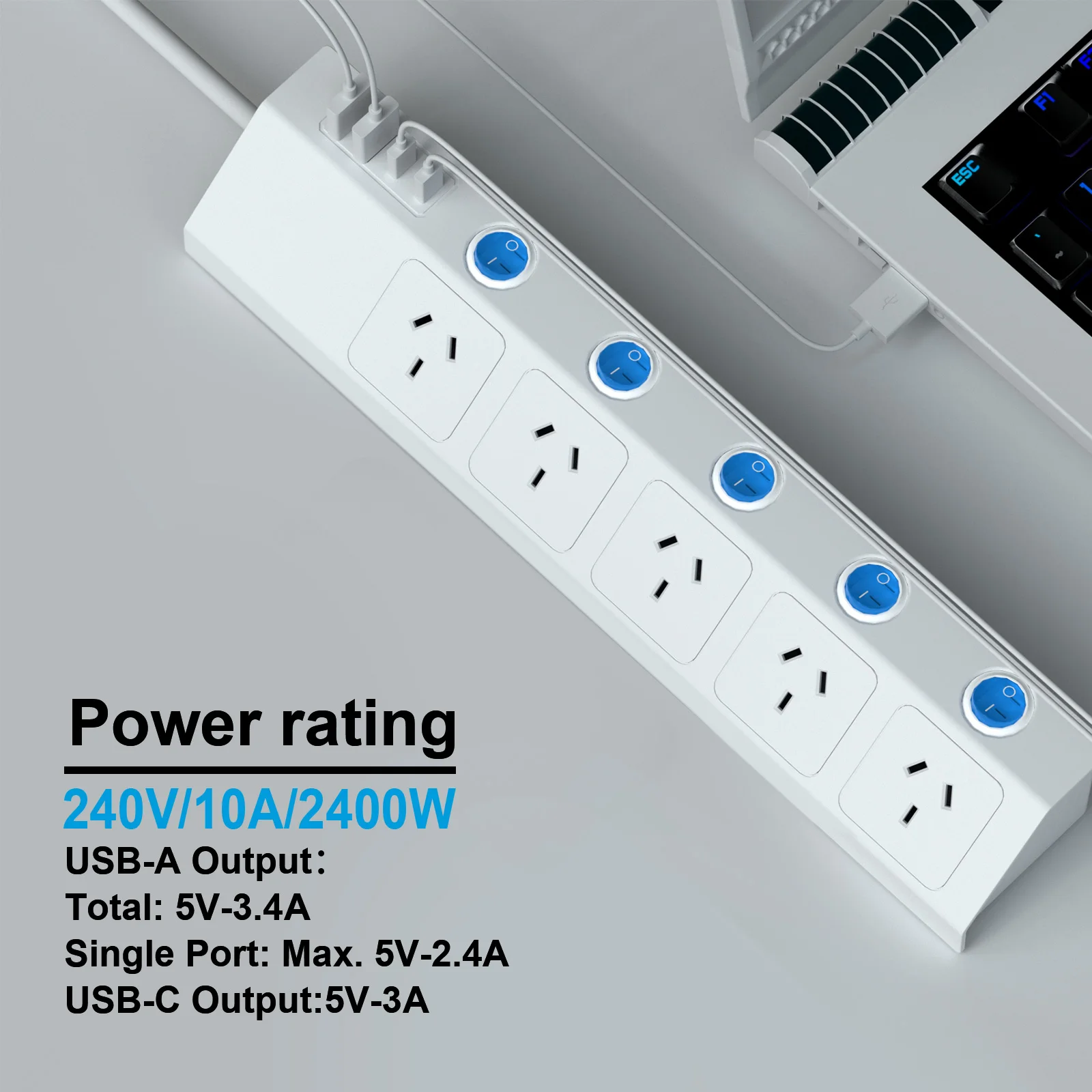 AU Plug Power Strip Surge Protection Multi Outlets with 4 USB, Power Board with Individual Switches 1.5M Extension Cord for NZ
