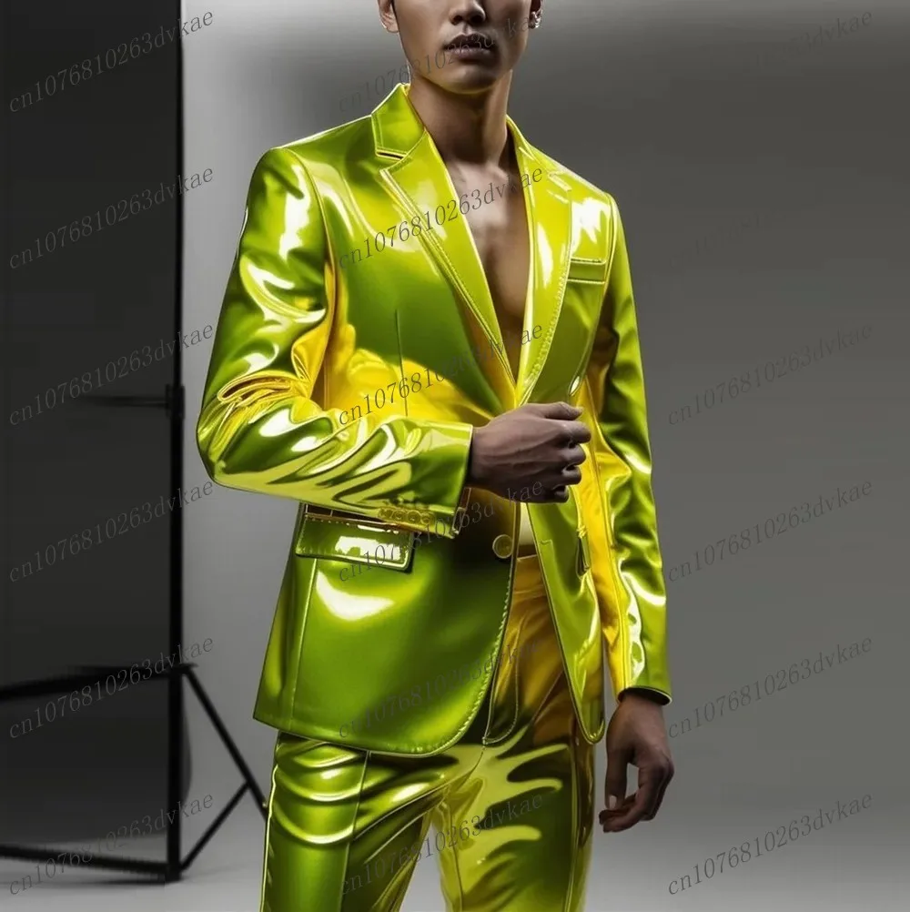 

Shiny Yellow PU Leather Men Suit Formal Occasion Groom Wedding Party Prom Male Business Tuxedos 2 Piece Set Blazer Pants