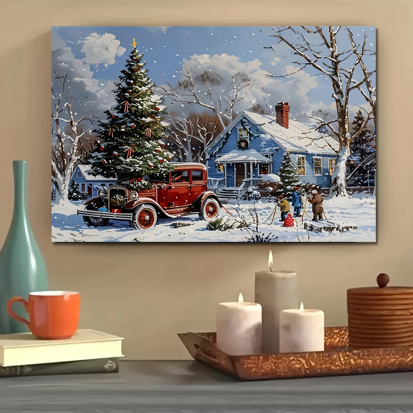 1PC houten ingelijste canvasposters Kerst canvas gedrukte posters Landschappen Wintervakantiebeelden Klaar om op te hangen