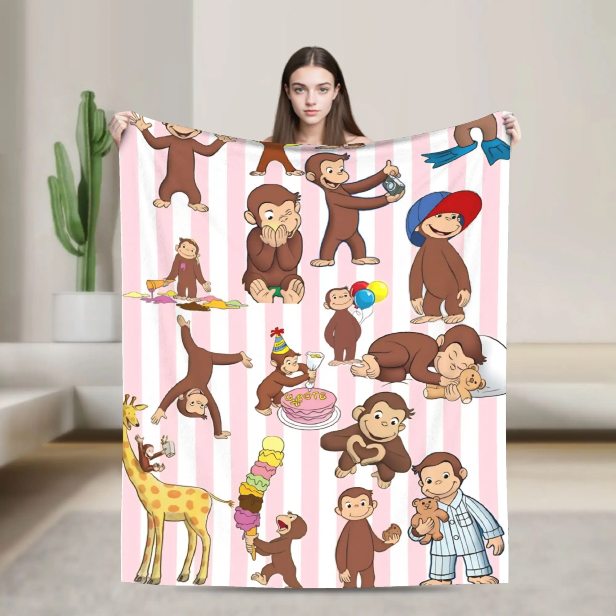 Curious Georg Knitted Blankets Monkey Flannel Throw Blankets Summer Air Conditioning Decoration Soft Warm Bedsprea,