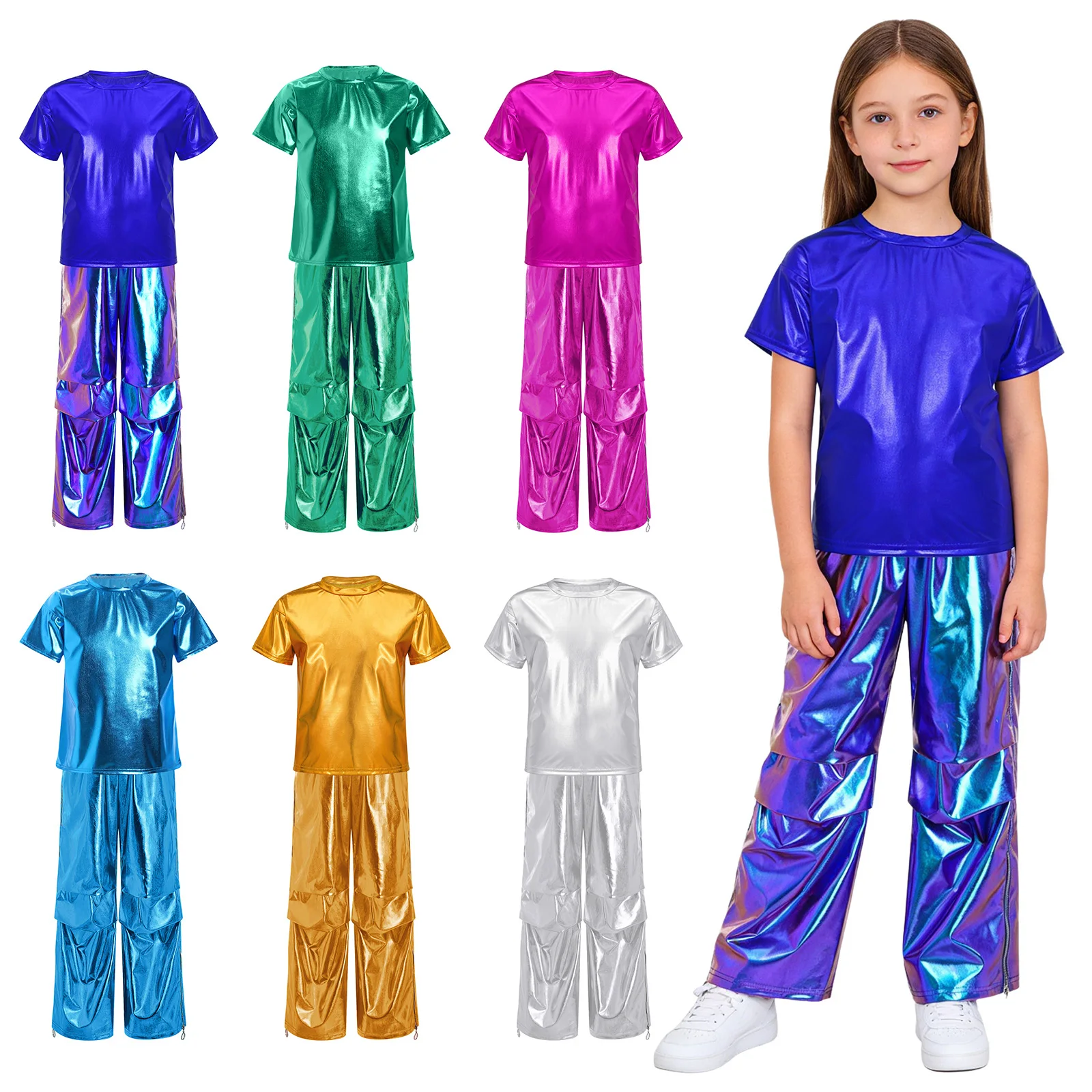 

Children Boys Girls Hip Hop Jazz Street Dance Costume Metallic Shiny Short Sleeve T-shirt with Tear Away Zipper Cargo Pants Set