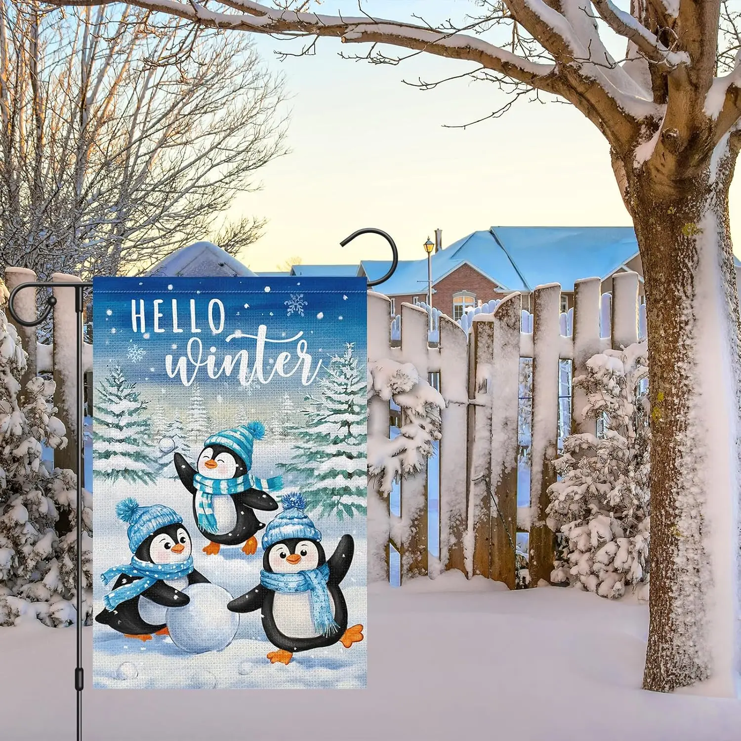 Heyfibro Hello Winter Penguin Garden Flag 12x18 Inch Double Sided Burlap, Christmas Pine Snowflake Snow Yard Flags for Seaso PPZ