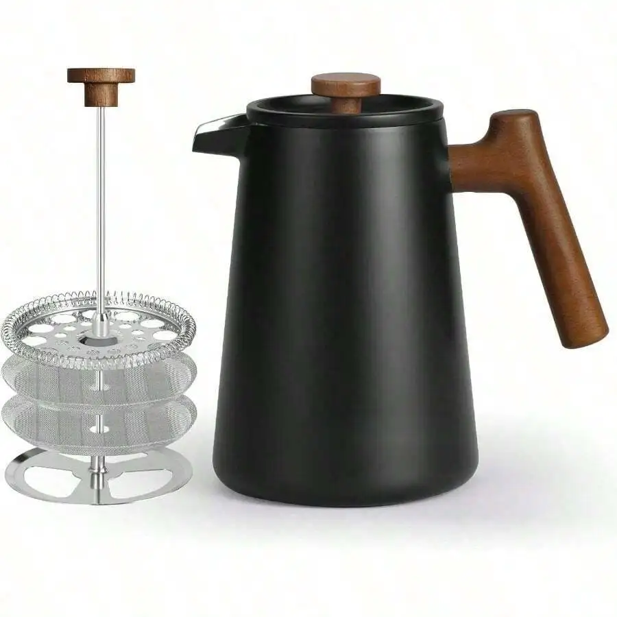 French Press Coffee Maker, 34 Oz Coffee Press With Real Wood Handle, Double Wall Insulation & Dual-Filter Screen, Stainless Stee