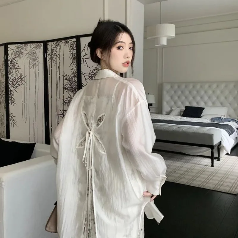 2026 Summer Female Back Hollow Lace Up Shirt Women's Thin Cut Sun Protection Shirt, Jacket, Loose Top Sun Protection Clothing view 2