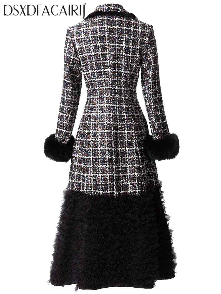DSFACAIRIJ Women's Double-Breasted Tweed Coat with Sequins Plaid Turn-Down Collar Feathers Long Sleeve High Street Autumn Outerw