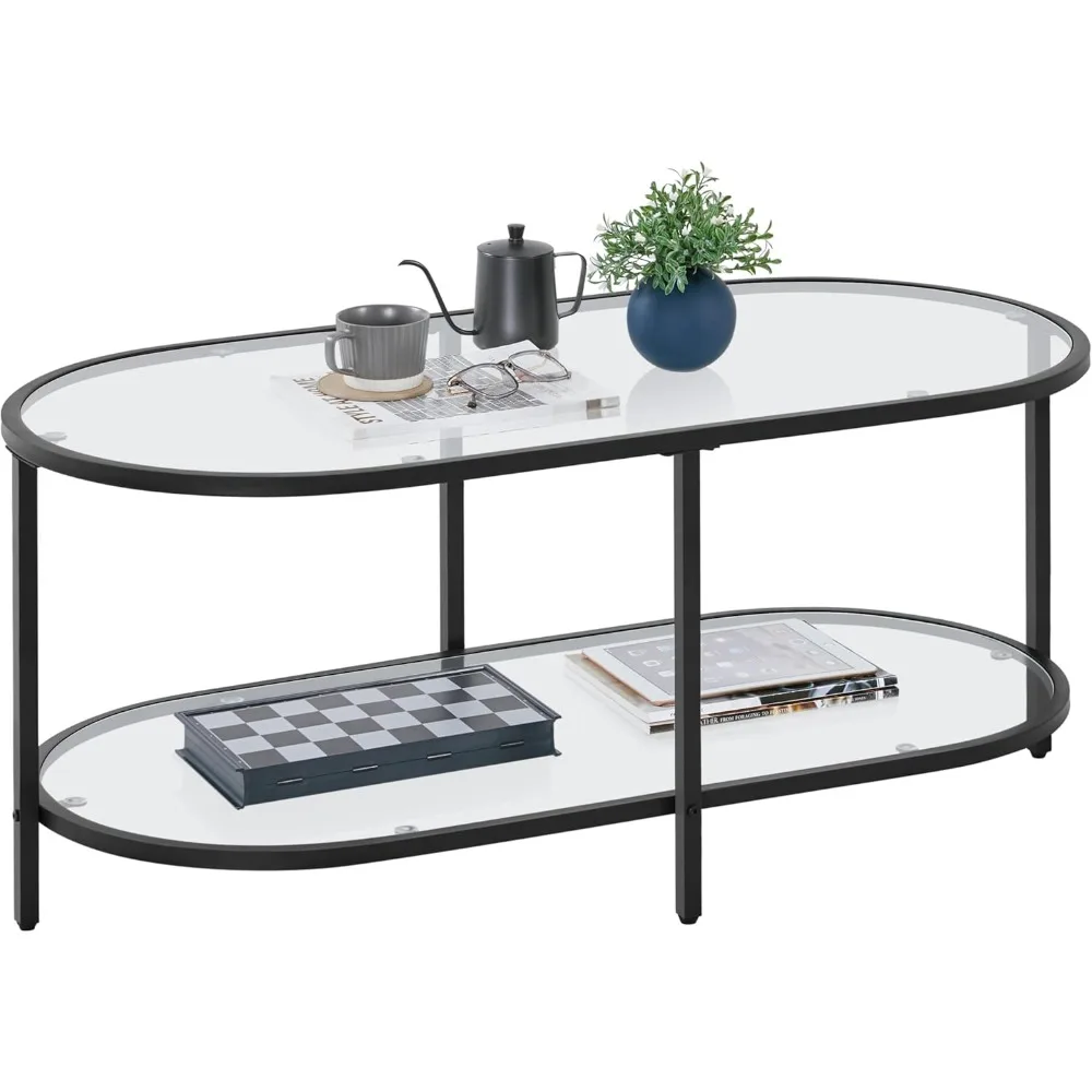 

Glass Coffee Table, Black Small Center Table with Storage Shelf for Living Room Small Space, Apartment