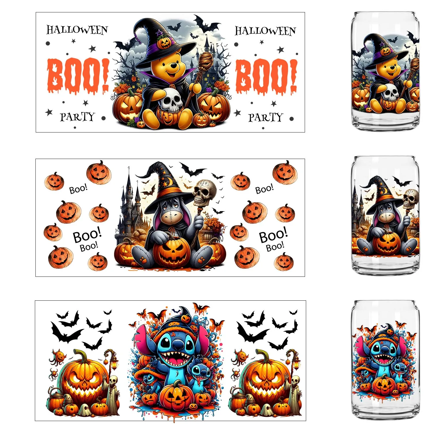 

Trendy Halloween Winnie Family UV Artwork Sticker DIY Decals 3D transfer uvdtf stickers 16oz uv dtf cup wraps for Libbey Glasses