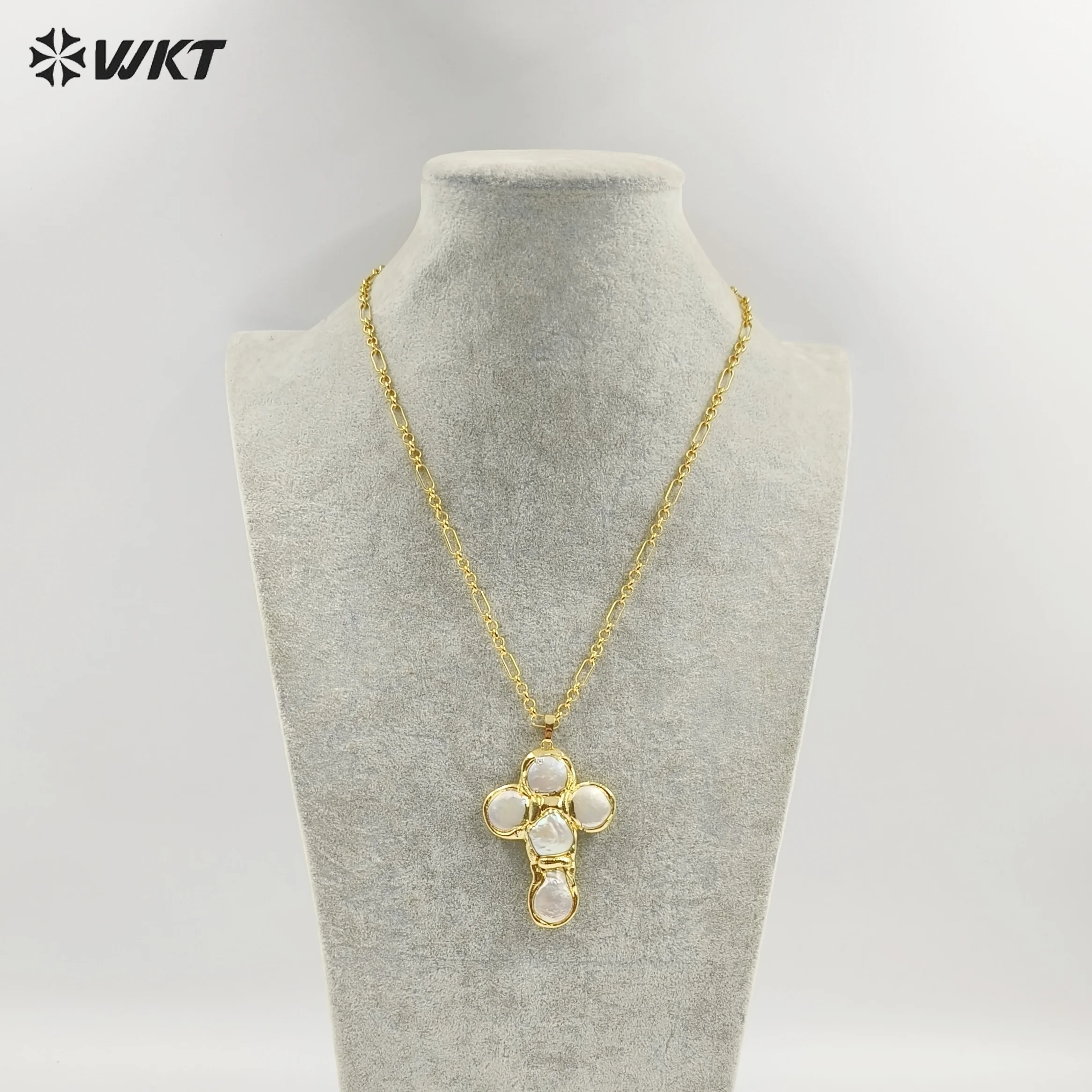

WT-JN330 Luxury Unique Chain With Gold Plated Round Natural Freshwater Pearls Cross Shape Pendant Necklace Wholesale Jewelry