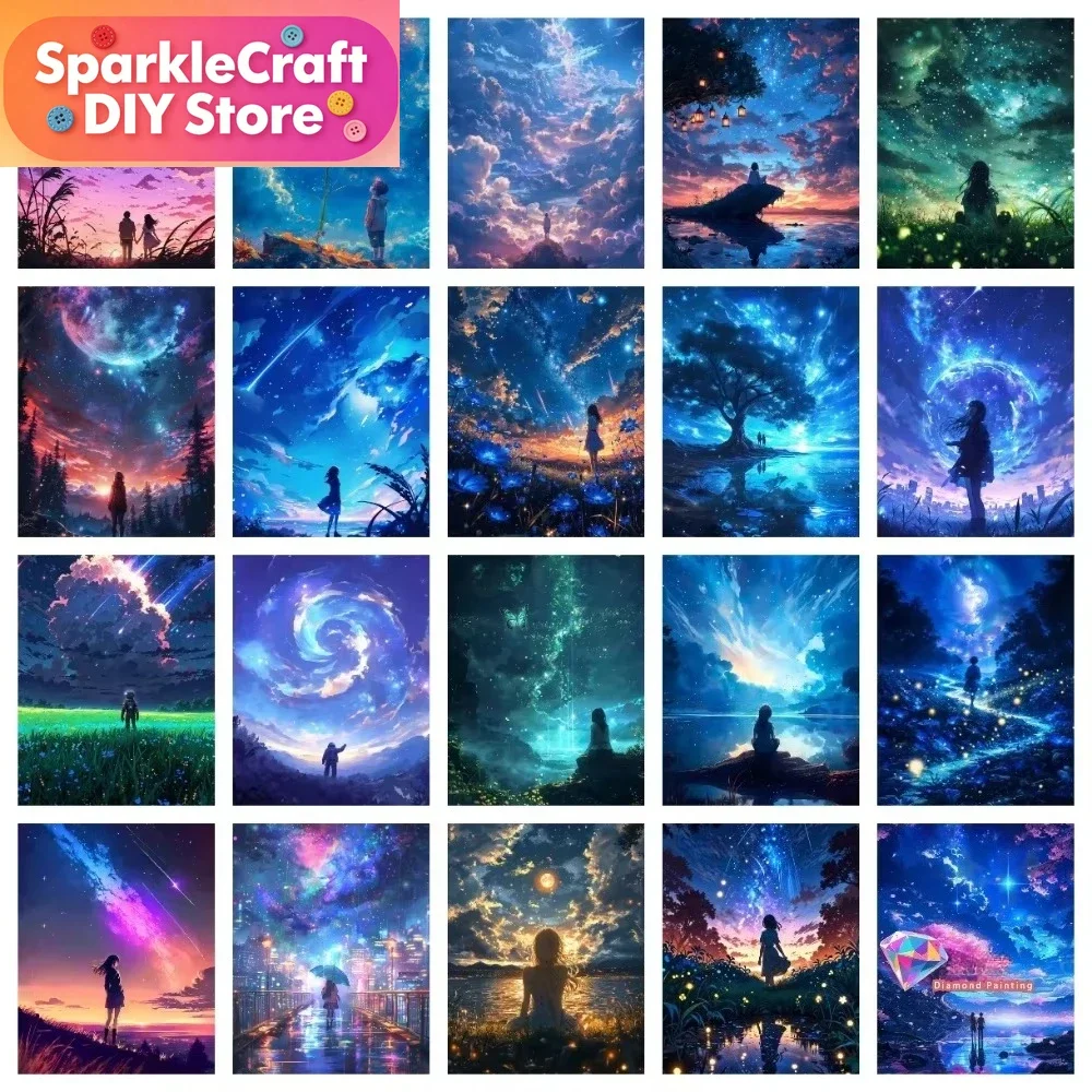 1 Stück rahmenloses quadratisches Runddiamant-Malset, verträumter, geheimnisvoller Sternenhimmel, Blumenfiguren, Anime-Hintergrundkunst, Wohnzimmer