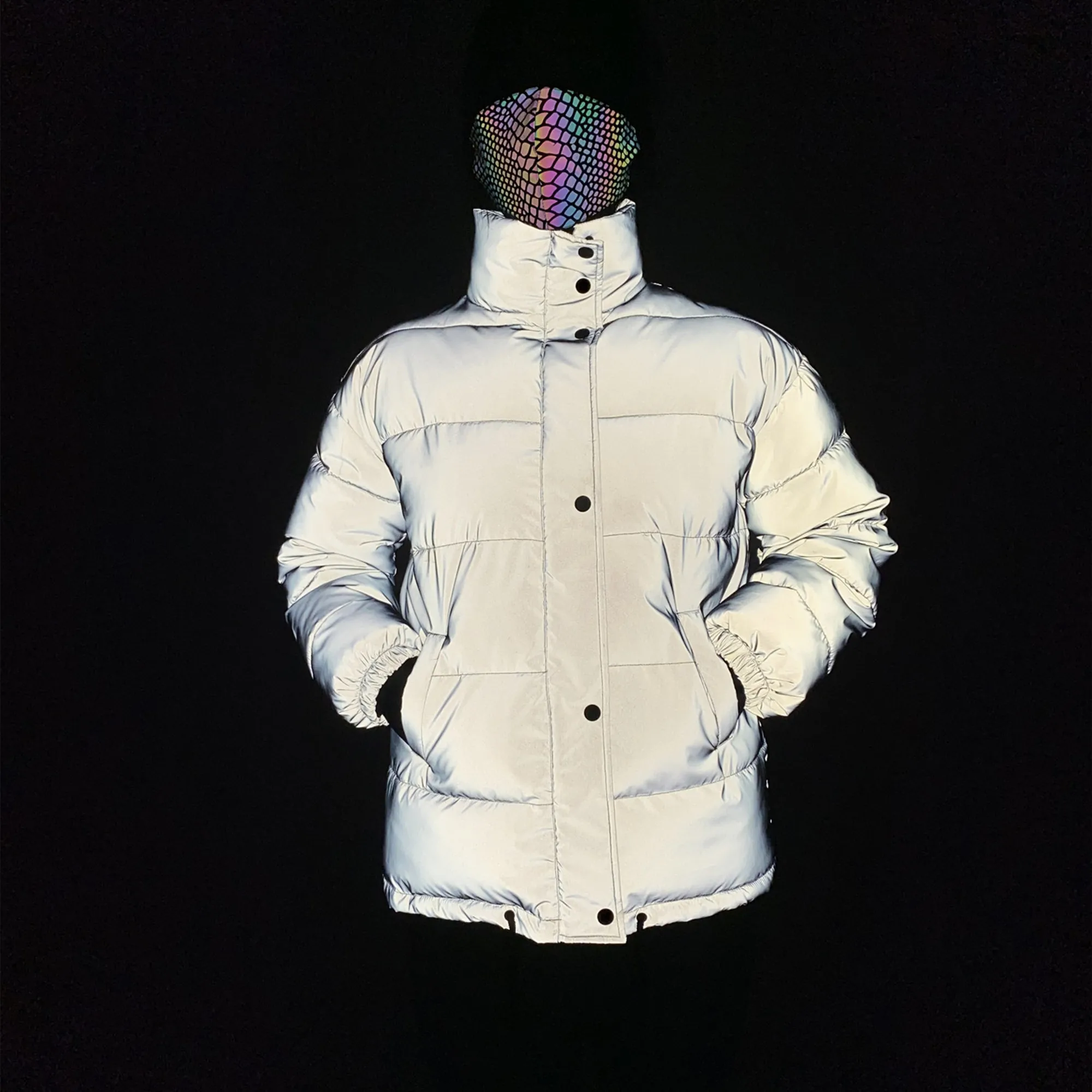 Holographic Women's Casual Reflective Down Jacket Unique Reflective Crop Top Winter Jacket, Outstanding Festival Winter Clothing