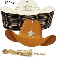 10Pcs Wild West Cowboy Theme Wooden Blank DIY Crafts Cowgirl Hat Painting Hanging Tags for Birthday Bachelorette Party Decor