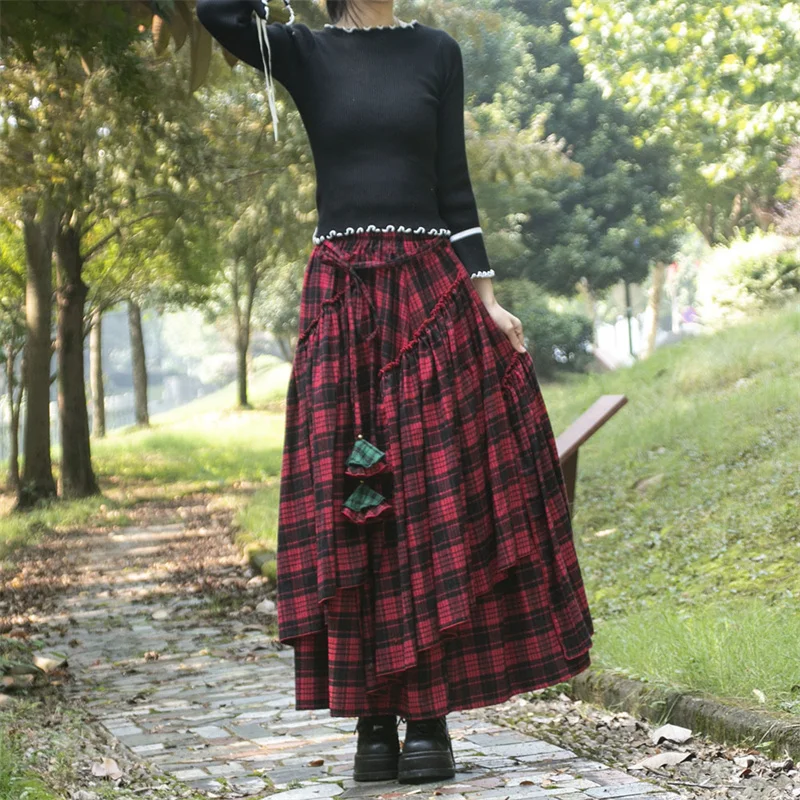 Women\'s Skirt Spring Autumn Winter New Plaid Skirts Elastic Waist A-Line Retro Elegant Swing Skirts Female Dance Clothes