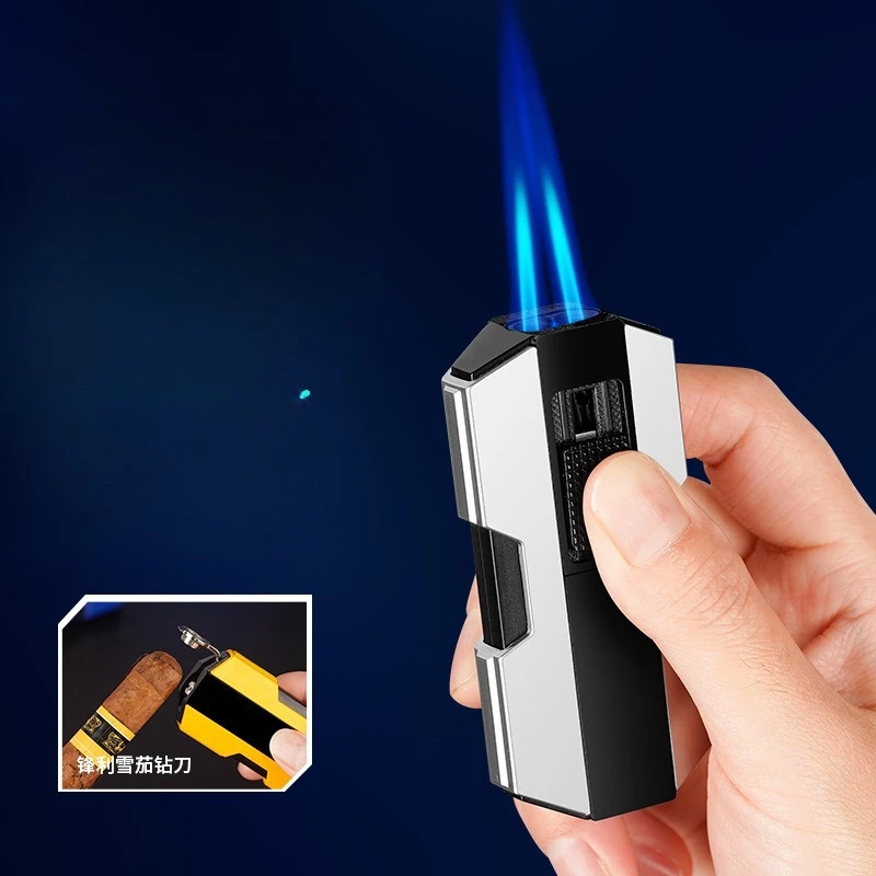 New Mecha Powerful Double Direct Injection Lighter, Cigar Knife Hole Opener Alloy Body Inflatable Windproof Lighter, Men's Gift
