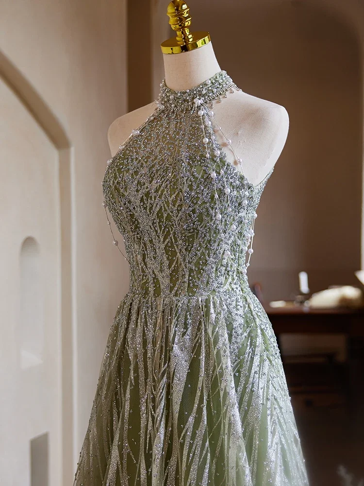 Customized Luxury Green Sequins Evening Dress Halter Sleeveless Tessel Pearls Glittering Party Formal Gowns Vestidos De Noche