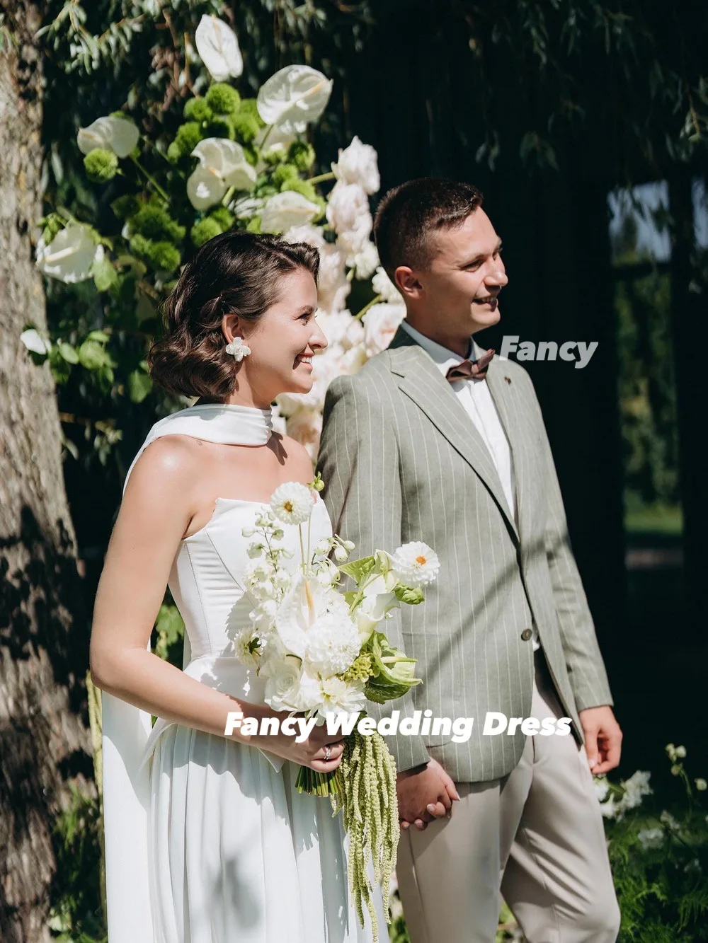 Fancy Graceful Strapless A Line Wedding Dress Korea Photo Shoot A Line Soft Satin Bridal Gown Floor Length Corset Customized