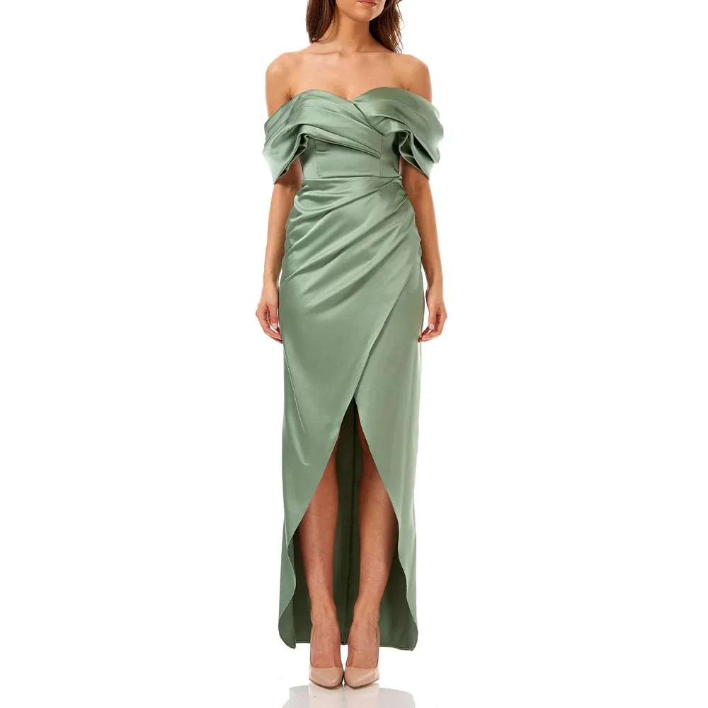 

Mint Prom Dresses Satin Off the Shoulder Pleat Column Evening Party Gowns for Women 2024 Criss-Cross Split Maxi Prom Gown 2024