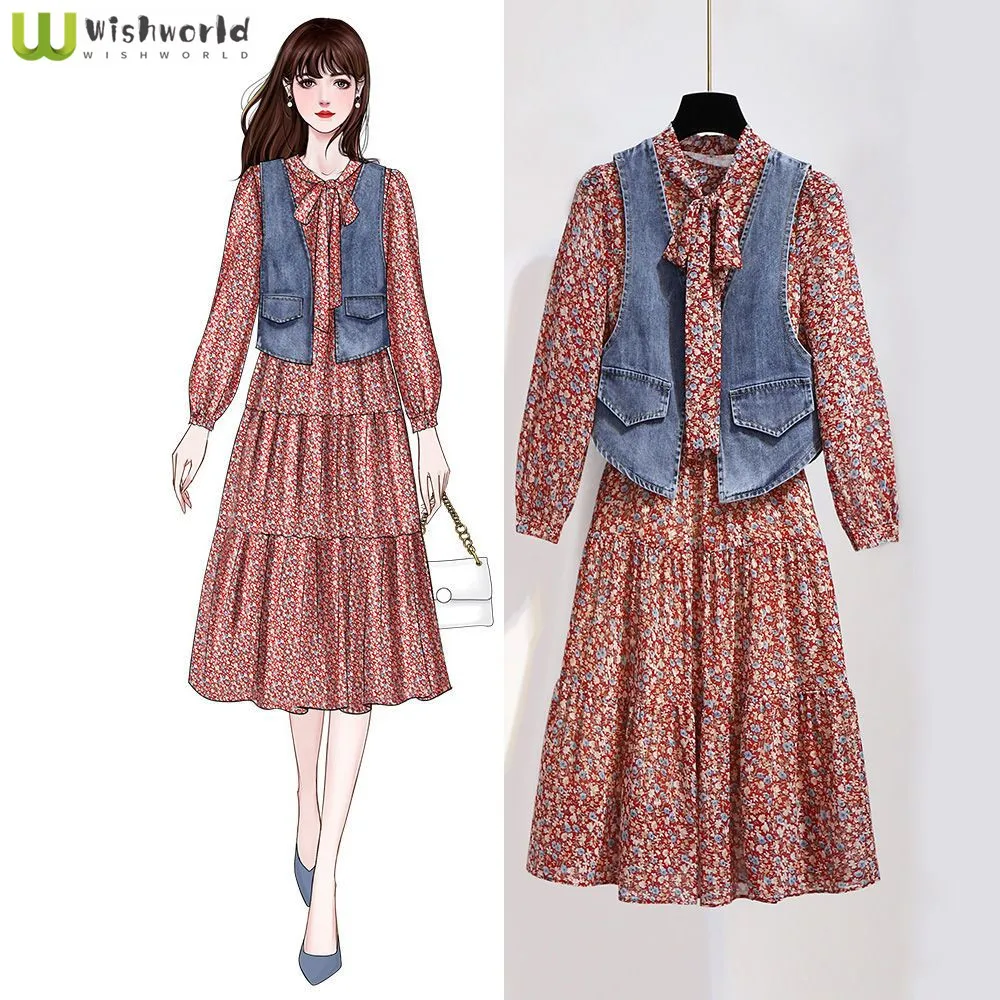 

Spring and Summer New Slimming High Waisted Denim Vest+9-inch Sleeve Printed Chiffon Dress for Age Reduction Two-piece Set